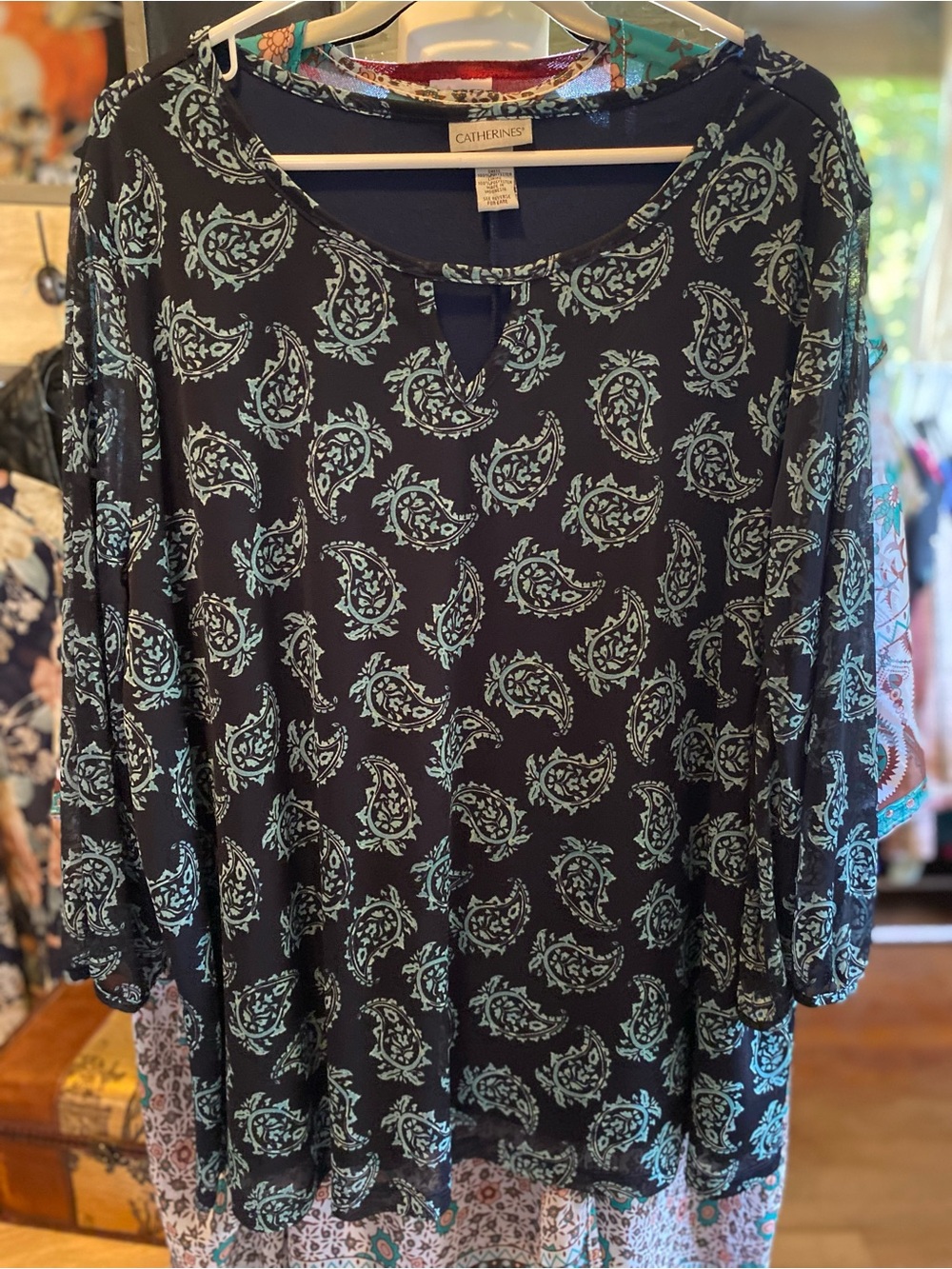 Catherines Black Top with Teal Paisley Print and Keyhole